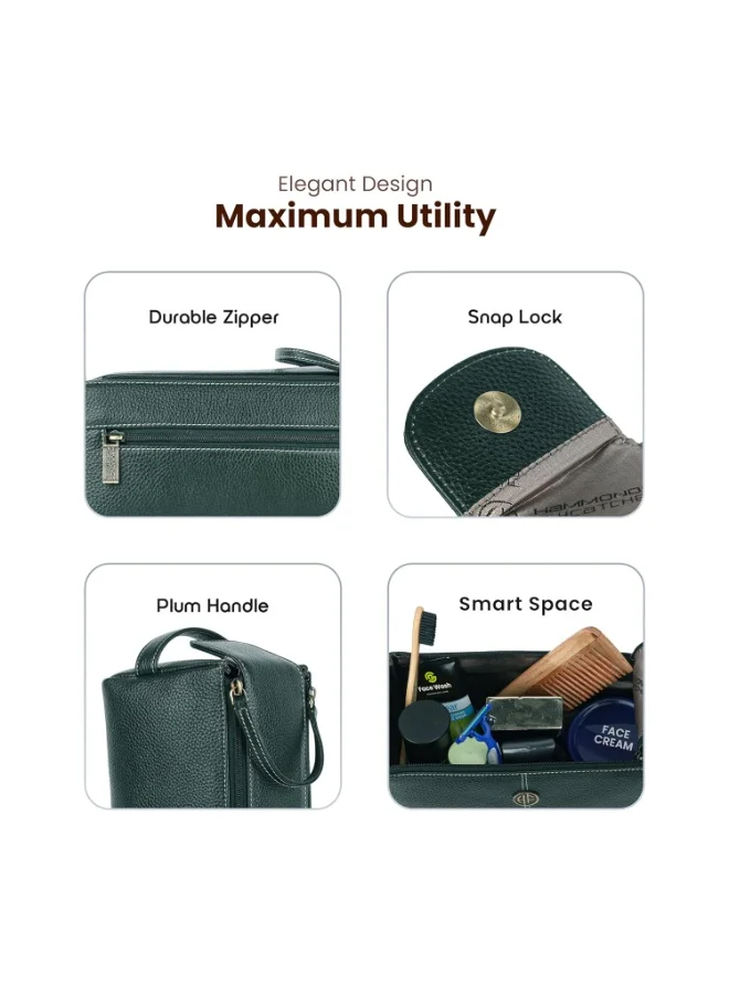 HAMMONDS FLYCATCHER Genuine Leather Toiletry Bag for Men and Women - Travel Organizer Pouch, Shaving Kit Bag for Men, Cosmetic Organizer Bag, Toiletry Pouch for Men with Multiple Pockets -TC4005  Green